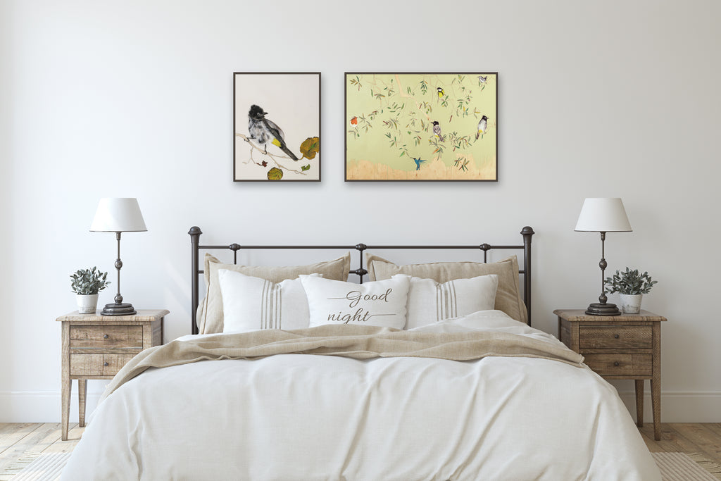 הדמיה של תמונות מוסגרות בחדר שינה של ציפורים